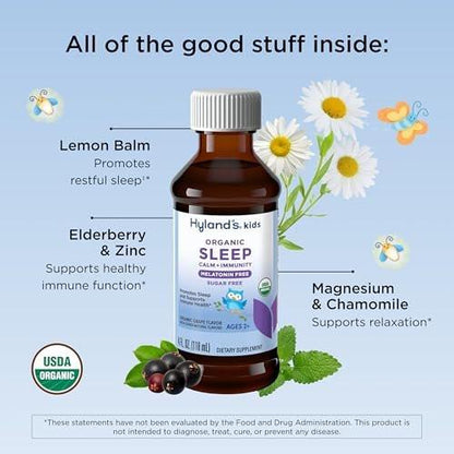 Hyland's Kids Melatonin-freies Bio-Schlafmittel Calm & Immunity Liquid, Zuckerfrei mit Magnesium, Vitamin D, Zink & Holunderbeere, Fördert Schlaf & unterstützt Immunsystem, Alter 2+, Traubengeschmack, 118 ml