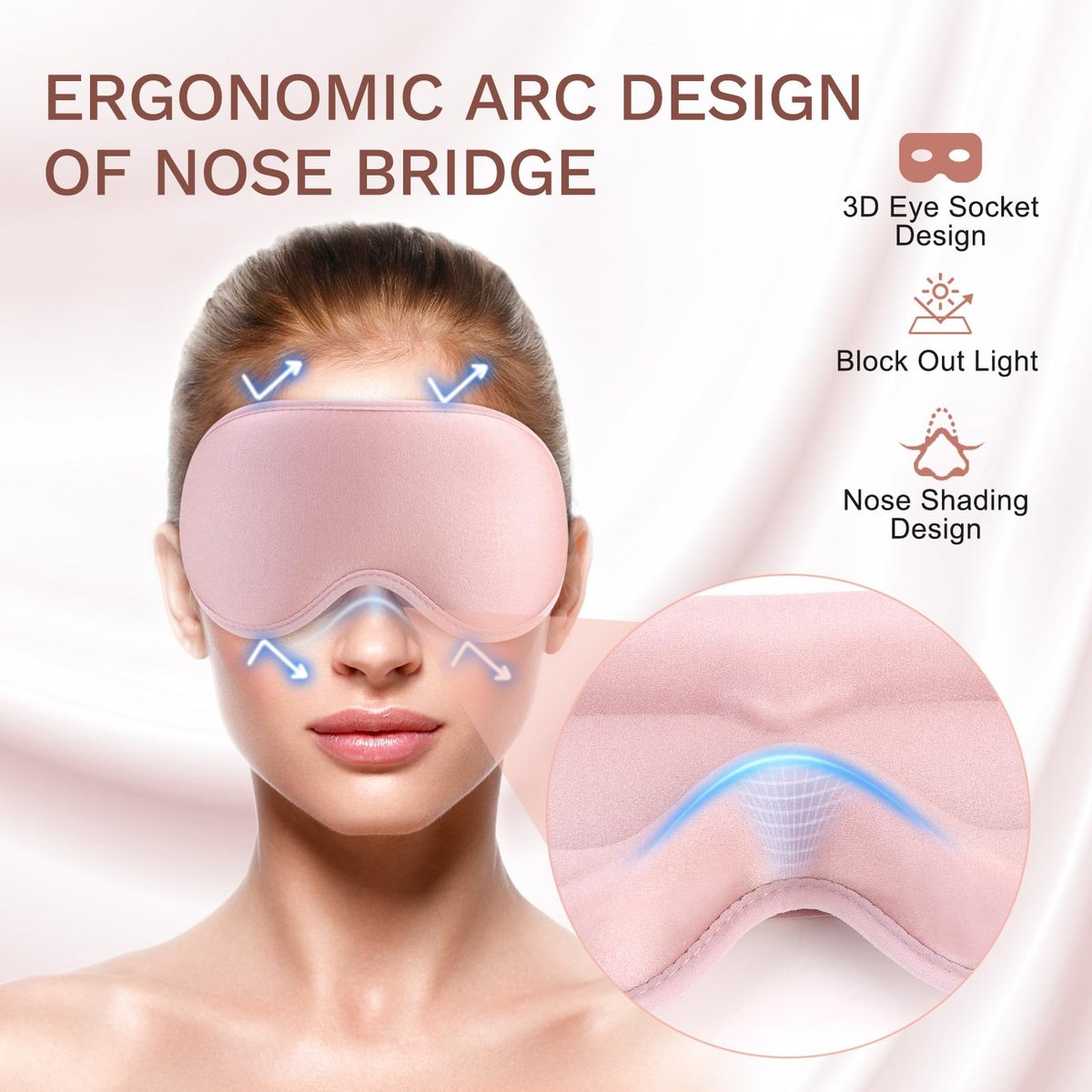 FlyCoco 99% Lichtblockierende Schlafmaske – 3D Tiefenkontur Augenmaske mit Memory-Schaum, Null Druck, Verstellbare Träger für Damen & Herren, Rosa