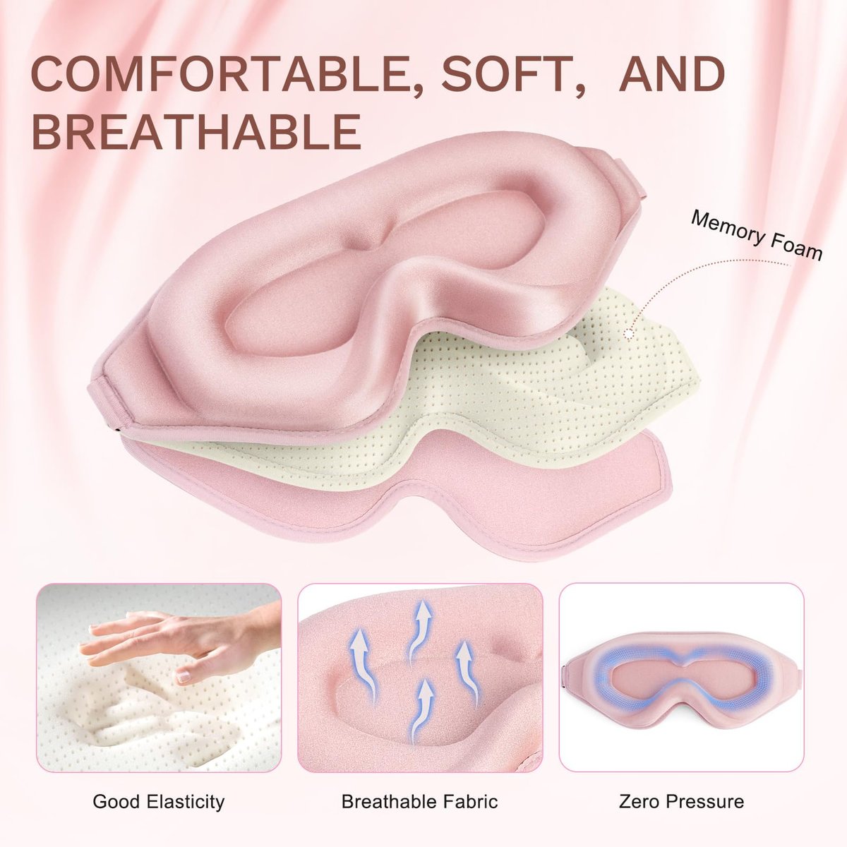 FlyCoco 99% Lichtblockierende Schlafmaske – 3D Tiefenkontur Augenmaske mit Memory-Schaum, Null Druck, Verstellbare Träger für Damen & Herren, Rosa