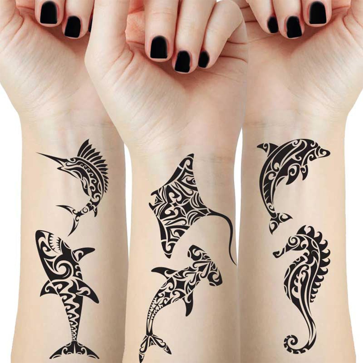 12 Blätter Temporäre Tattoos für Männer Erwachsene, Maori Stachelrochen Hai Wal Hippocampus Polynesisch Stammesangehöriger Hawaiianischer Fake Tattoo für Hals Arm Hände Bein