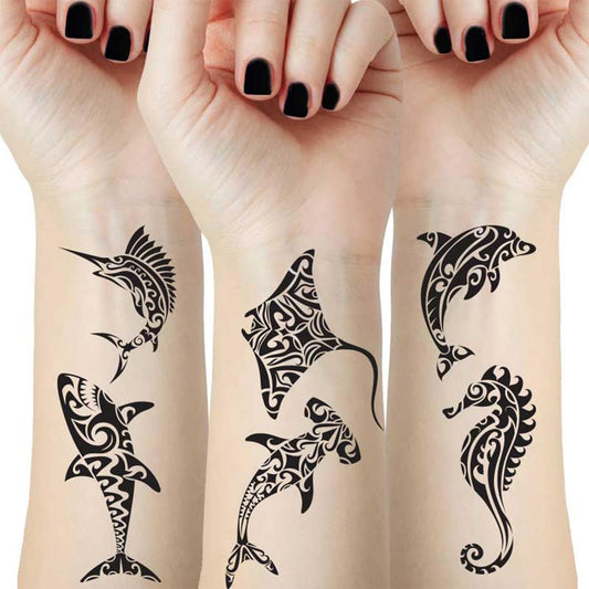 12 Blätter Temporäre Tattoos für Männer Erwachsene, Maori Stachelrochen Hai Wal Hippocampus Polynesisch Stammesangehöriger Hawaiianischer Fake Tattoo für Hals Arm Hände Bein
