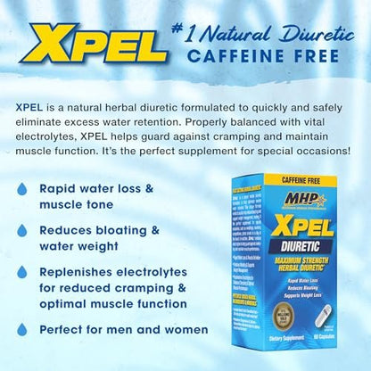 MHP Xpel Maximum Strength Diuretic Wasserpillen – zur Entwässerung, koffeinfrei mit Vitamin B6, Kalium und Löwenzahnwurzel, 80 Kapseln