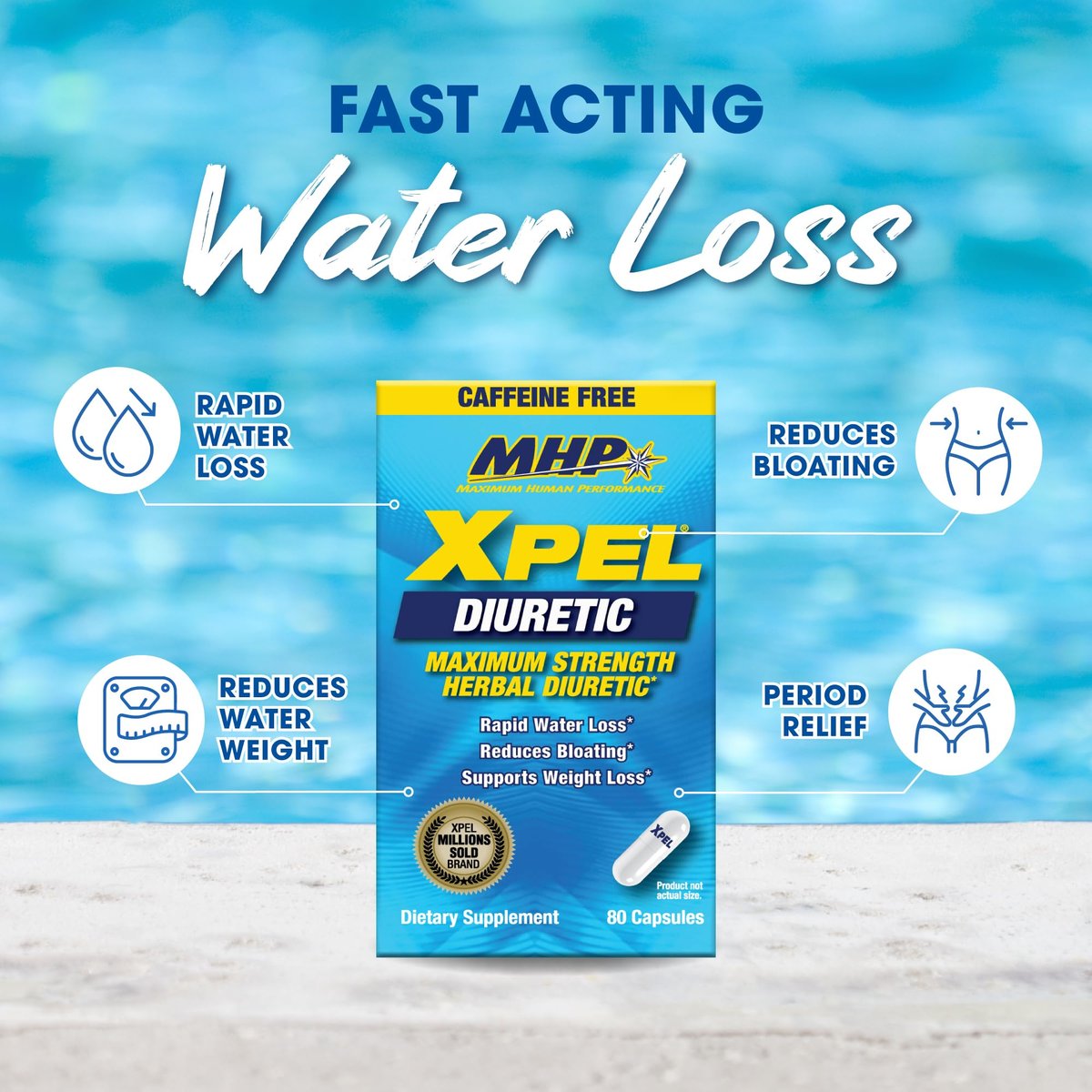 MHP Xpel Maximum Strength Diuretic Wasserpillen – zur Entwässerung, koffeinfrei mit Vitamin B6, Kalium und Löwenzahnwurzel, 80 Kapseln