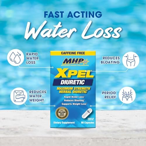 MHP Xpel Maximum Strength Diuretic Wasserpillen – zur Entwässerung, koffeinfrei mit Vitamin B6, Kalium und Löwenzahnwurzel, 80 Kapseln