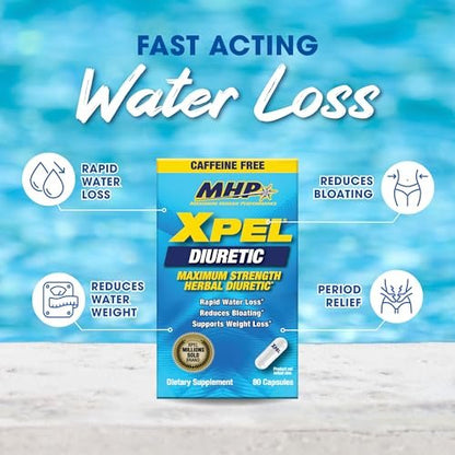 MHP Xpel Maximum Strength Diuretic Wasserpillen – zur Entwässerung, koffeinfrei mit Vitamin B6, Kalium und Löwenzahnwurzel, 80 Kapseln