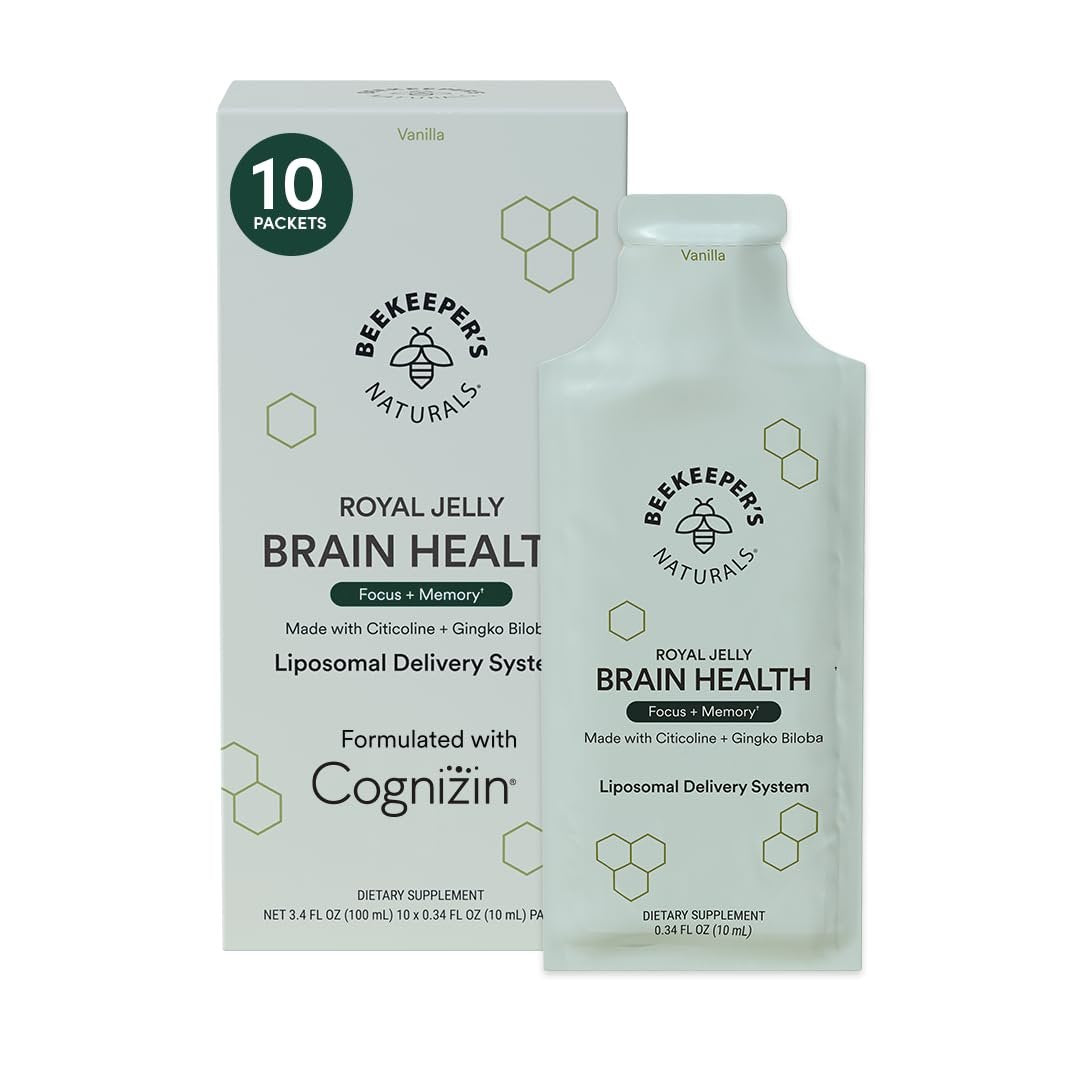 Nootropisches Gehirn-Supplement von Beekeeper's Naturals – 500 mg Citicolin, Ginkgo Biloba, Bacopa Monnieri und Gelée Royale – Unterstützt Fokus und Gedächtnis – Leichtere Absorption – Mit leckerem Vanillegeschmack – 10 Stück