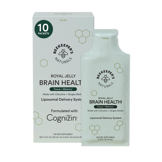 Nootropisches Gehirn-Supplement von Beekeeper's Naturals – 500 mg Citicolin, Ginkgo Biloba, Bacopa Monnieri und Gelée Royale – Unterstützt Fokus und Gedächtnis – Leichtere Absorption – Mit leckerem Vanillegeschmack – 10 Stück