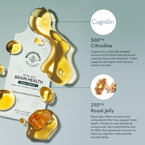 Nootropisches Gehirn-Supplement von Beekeeper's Naturals – 500 mg Citicolin, Ginkgo Biloba, Bacopa Monnieri und Gelée Royale – Unterstützt Fokus und Gedächtnis – Leichtere Absorption – Mit leckerem Vanillegeschmack – 10 Stück