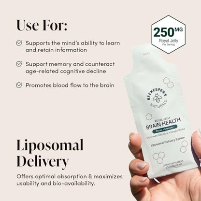 Nootropisches Gehirn-Supplement von Beekeeper's Naturals – 500 mg Citicolin, Ginkgo Biloba, Bacopa Monnieri und Gelée Royale – Unterstützt Fokus und Gedächtnis – Leichtere Absorption – Mit leckerem Vanillegeschmack – 10 Stück