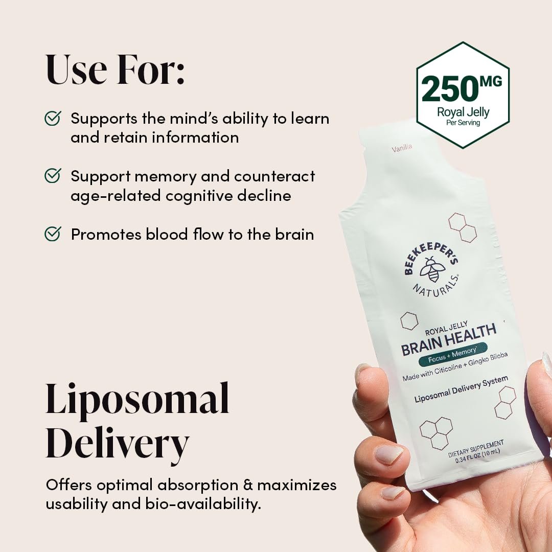 Nootropisches Gehirn-Supplement von Beekeeper's Naturals – 500 mg Citicolin, Ginkgo Biloba, Bacopa Monnieri und Gelée Royale – Unterstützt Fokus und Gedächtnis – Leichtere Absorption – Mit leckerem Vanillegeschmack – 10 Stück