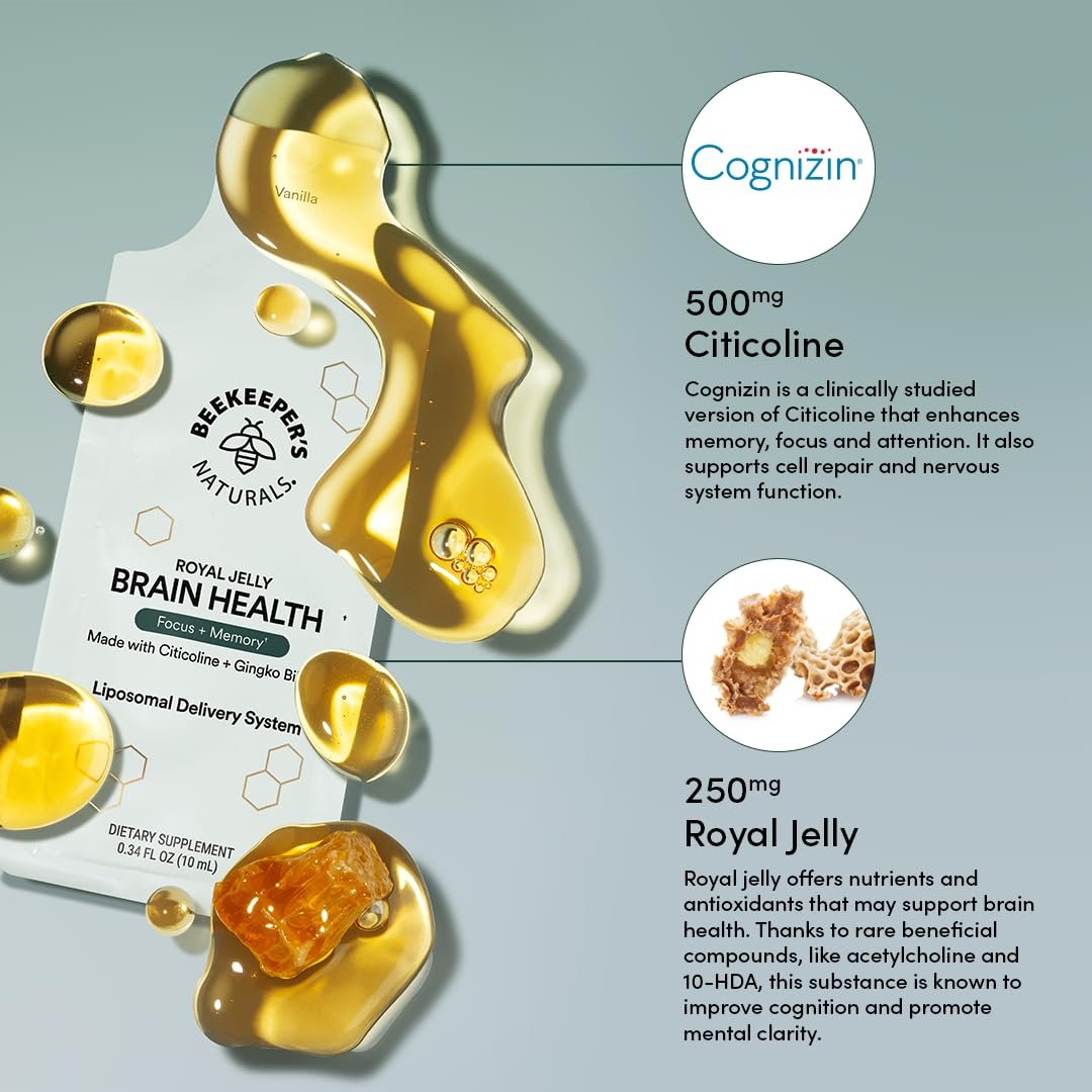 Nootropisches Gehirn-Supplement von Beekeeper's Naturals – 500 mg Citicolin, Ginkgo Biloba, Bacopa Monnieri und Gelée Royale – Unterstützt Fokus und Gedächtnis – Leichtere Absorption – Mit leckerem Vanillegeschmack – 10 Stück