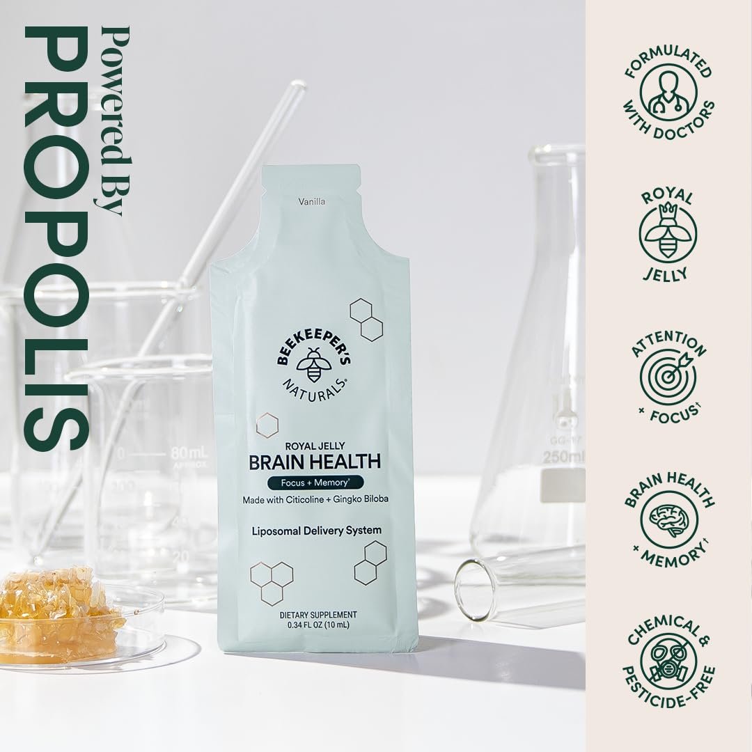 Nootropisches Gehirn-Supplement von Beekeeper's Naturals – 500 mg Citicolin, Ginkgo Biloba, Bacopa Monnieri und Gelée Royale – Unterstützt Fokus und Gedächtnis – Leichtere Absorption – Mit leckerem Vanillegeschmack – 10 Stück