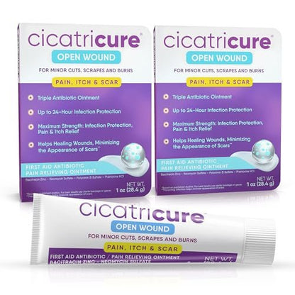 Cicatricure Dreifach-Antibiotikum-Salbe mit Schmerzlinderung – Bacitracin Wundsalbe für Schnitte, Verbrennungen, Insektenstiche, Erste-Hilfe-Set, 1 Unze