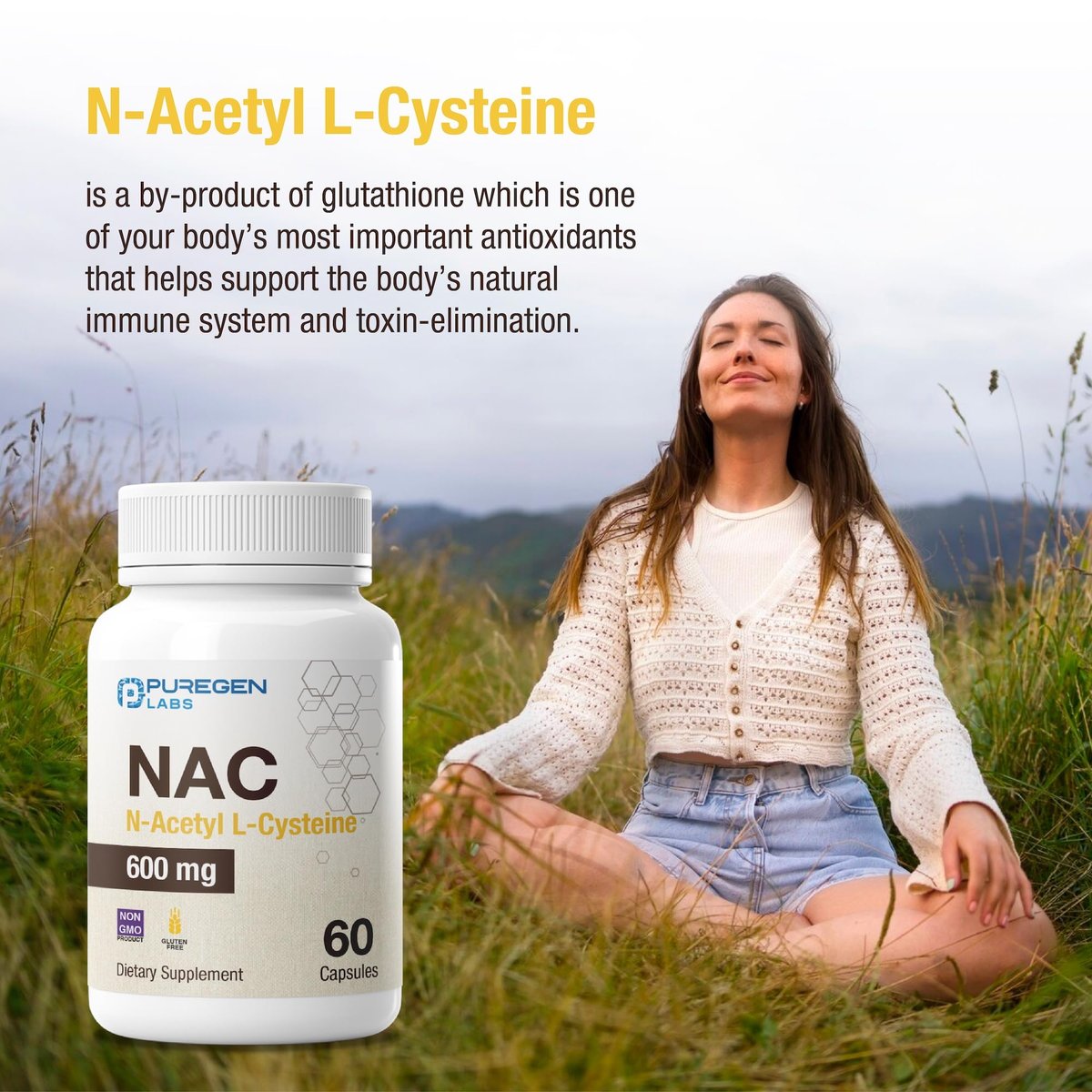 Puregen Labs N-Acetyl-L-Cystein (NAC) 600mg – Antioxidant Unterstützung, leicht absorbierbar, 60 vegane Kapseln