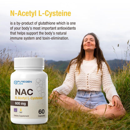 Puregen Labs N-Acetyl-L-Cystein (NAC) 600mg – Antioxidant Unterstützung, leicht absorbierbar, 60 vegane Kapseln