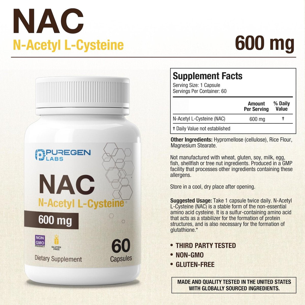Puregen Labs N-Acetyl-L-Cystein (NAC) 600mg – Antioxidant Unterstützung, leicht absorbierbar, 60 vegane Kapseln