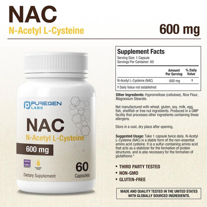 Puregen Labs N-Acetyl-L-Cystein (NAC) 600mg – Antioxidant Unterstützung, leicht absorbierbar, 60 vegane Kapseln
