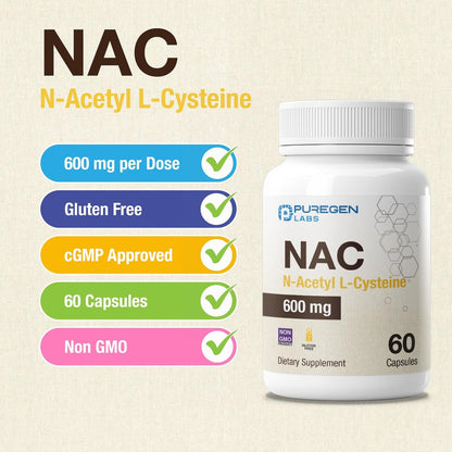 Puregen Labs N-Acetyl-L-Cystein (NAC) 600mg – Antioxidant Unterstützung, leicht absorbierbar, 60 vegane Kapseln