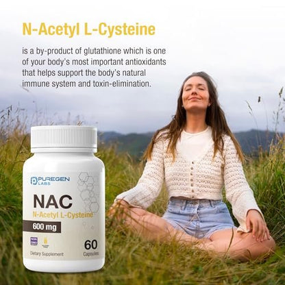 Puregen Labs N-Acetyl-L-Cystein (NAC) 600mg – Antioxidant Unterstützung, leicht absorbierbar, 60 vegane Kapseln