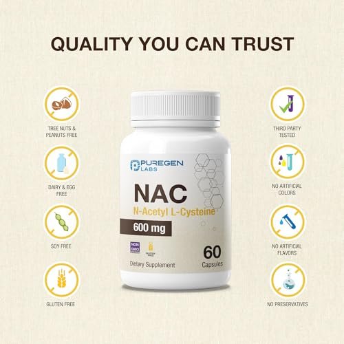 Puregen Labs N-Acetyl-L-Cystein (NAC) 600mg – Antioxidant Unterstützung, leicht absorbierbar, 60 vegane Kapseln