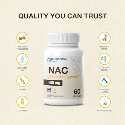 Puregen Labs N-Acetyl-L-Cystein (NAC) 600mg – Antioxidant Unterstützung, leicht absorbierbar, 60 vegane Kapseln