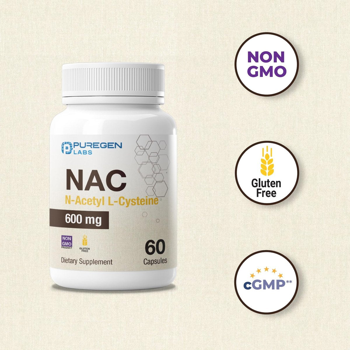 Puregen Labs N-Acetyl-L-Cystein (NAC) 600mg – Antioxidant Unterstützung, leicht absorbierbar, 60 vegane Kapseln