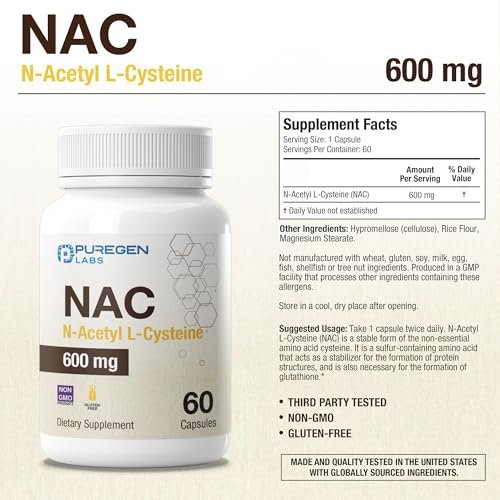 Puregen Labs N-Acetyl-L-Cystein (NAC) 600mg – Antioxidant Unterstützung, leicht absorbierbar, 60 vegane Kapseln