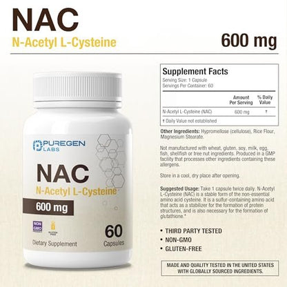 Puregen Labs N-Acetyl-L-Cystein (NAC) 600mg – Antioxidant Unterstützung, leicht absorbierbar, 60 vegane Kapseln