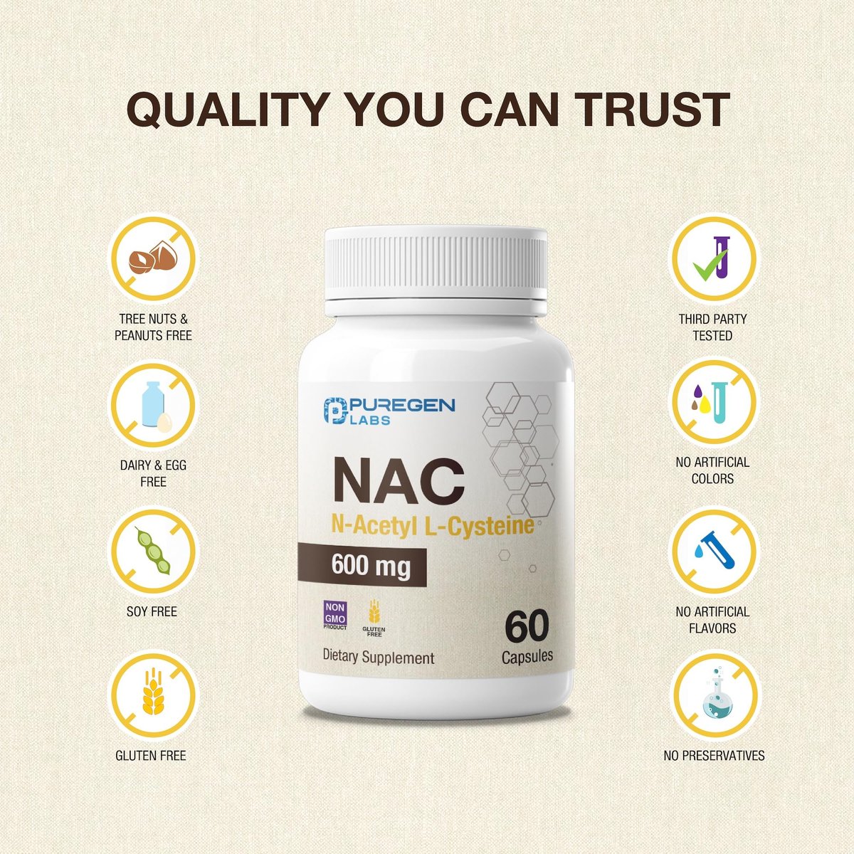 Puregen Labs N-Acetyl-L-Cystein (NAC) 600mg – Antioxidant Unterstützung, leicht absorbierbar, 60 vegane Kapseln