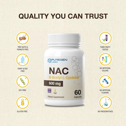 Puregen Labs N-Acetyl-L-Cystein (NAC) 600mg – Antioxidant Unterstützung, leicht absorbierbar, 60 vegane Kapseln