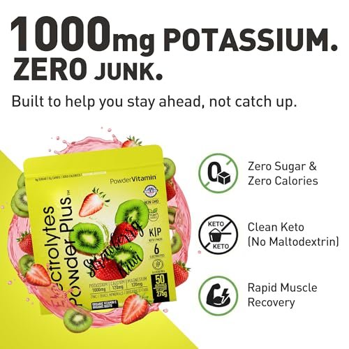 Electrolytes Powder Plus (50 Portionen) – 0 Kalorien Keto, 0 Zucker, ohne Maltodextrin, 1000 mg Kalium, 120 mg Calcium, 120 mg Magnesium, Hydrationspulver (Erdbeer-Kiwi)