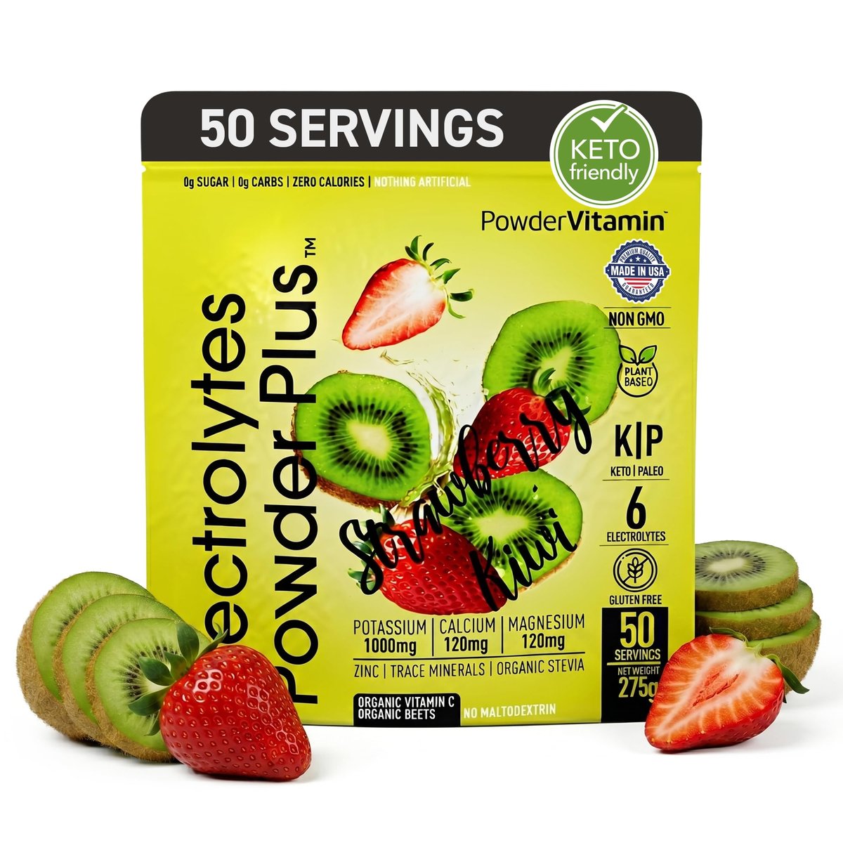 Electrolytes Powder Plus (50 Portionen) – 0 Kalorien Keto, 0 Zucker, ohne Maltodextrin, 1000 mg Kalium, 120 mg Calcium, 120 mg Magnesium, Hydrationspulver (Erdbeer-Kiwi)