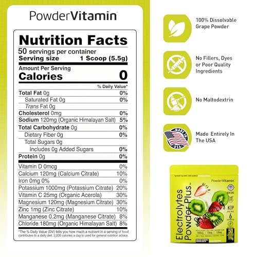 Electrolytes Powder Plus (50 Portionen) – 0 Kalorien Keto, 0 Zucker, ohne Maltodextrin, 1000 mg Kalium, 120 mg Calcium, 120 mg Magnesium, Hydrationspulver (Erdbeer-Kiwi)