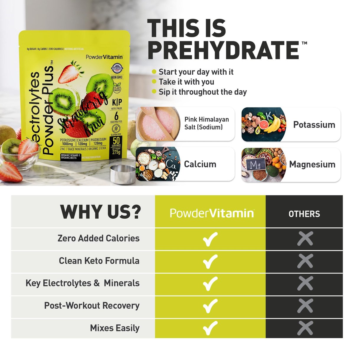 Electrolytes Powder Plus (50 Portionen) – 0 Kalorien Keto, 0 Zucker, ohne Maltodextrin, 1000 mg Kalium, 120 mg Calcium, 120 mg Magnesium, Hydrationspulver (Erdbeer-Kiwi)