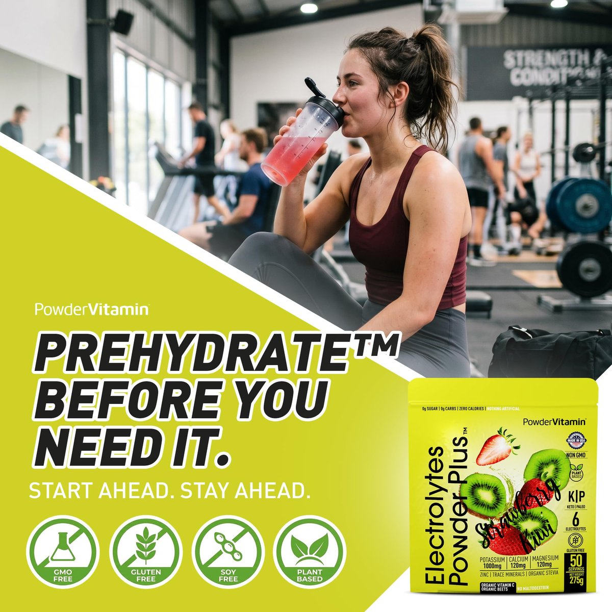 Electrolytes Powder Plus (50 Portionen) – 0 Kalorien Keto, 0 Zucker, ohne Maltodextrin, 1000 mg Kalium, 120 mg Calcium, 120 mg Magnesium, Hydrationspulver (Erdbeer-Kiwi)