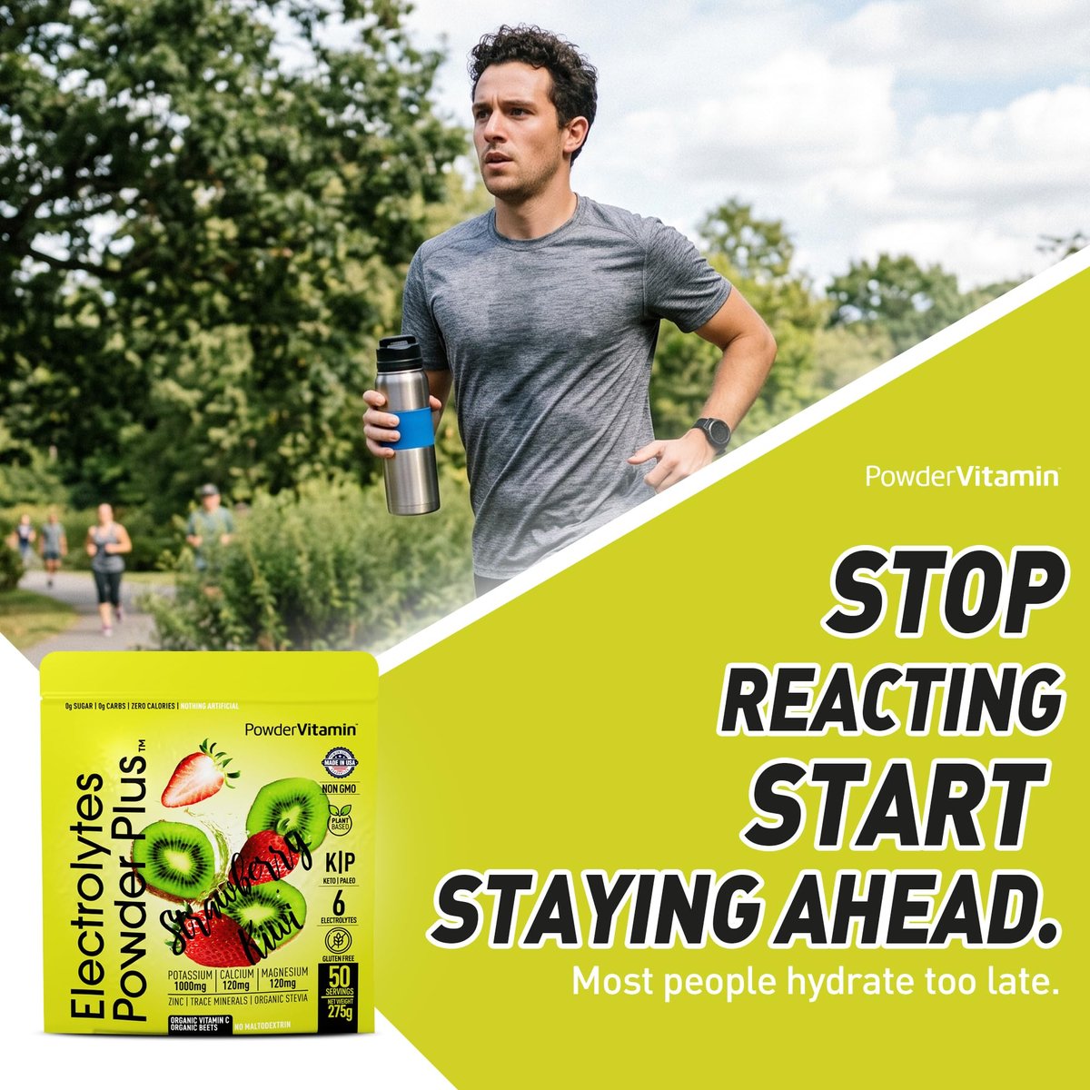 Electrolytes Powder Plus (50 Portionen) – 0 Kalorien Keto, 0 Zucker, ohne Maltodextrin, 1000 mg Kalium, 120 mg Calcium, 120 mg Magnesium, Hydrationspulver (Erdbeer-Kiwi)