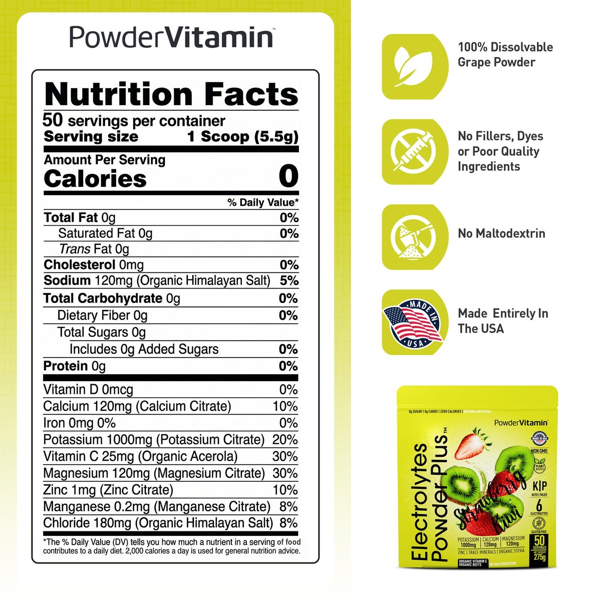 Electrolytes Powder Plus (50 Portionen) – 0 Kalorien Keto, 0 Zucker, ohne Maltodextrin, 1000 mg Kalium, 120 mg Calcium, 120 mg Magnesium, Hydrationspulver (Erdbeer-Kiwi)