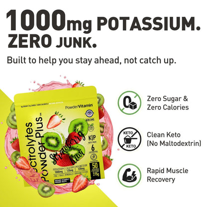Electrolytes Powder Plus (50 Portionen) – 0 Kalorien Keto, 0 Zucker, ohne Maltodextrin, 1000 mg Kalium, 120 mg Calcium, 120 mg Magnesium, Hydrationspulver (Erdbeer-Kiwi)