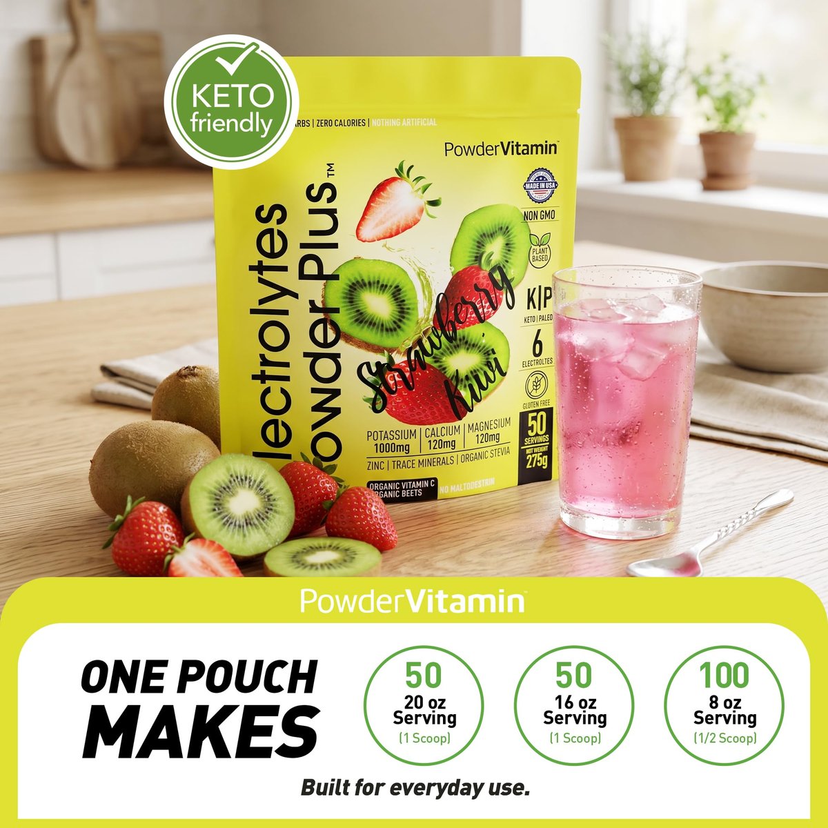 Electrolytes Powder Plus (50 Portionen) – 0 Kalorien Keto, 0 Zucker, ohne Maltodextrin, 1000 mg Kalium, 120 mg Calcium, 120 mg Magnesium, Hydrationspulver (Erdbeer-Kiwi)
