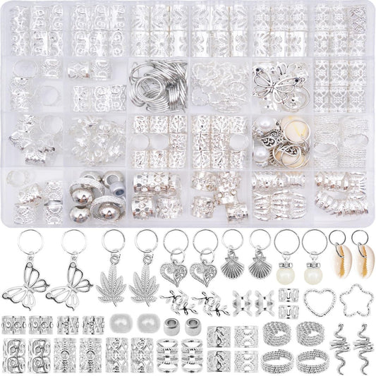 236-teiliges Set silberner Haaraccessoires: Schmuck und Charms für Zöpfe, Ringe und Manschetten – Ideal für Dreadlocks, Locs und Raves