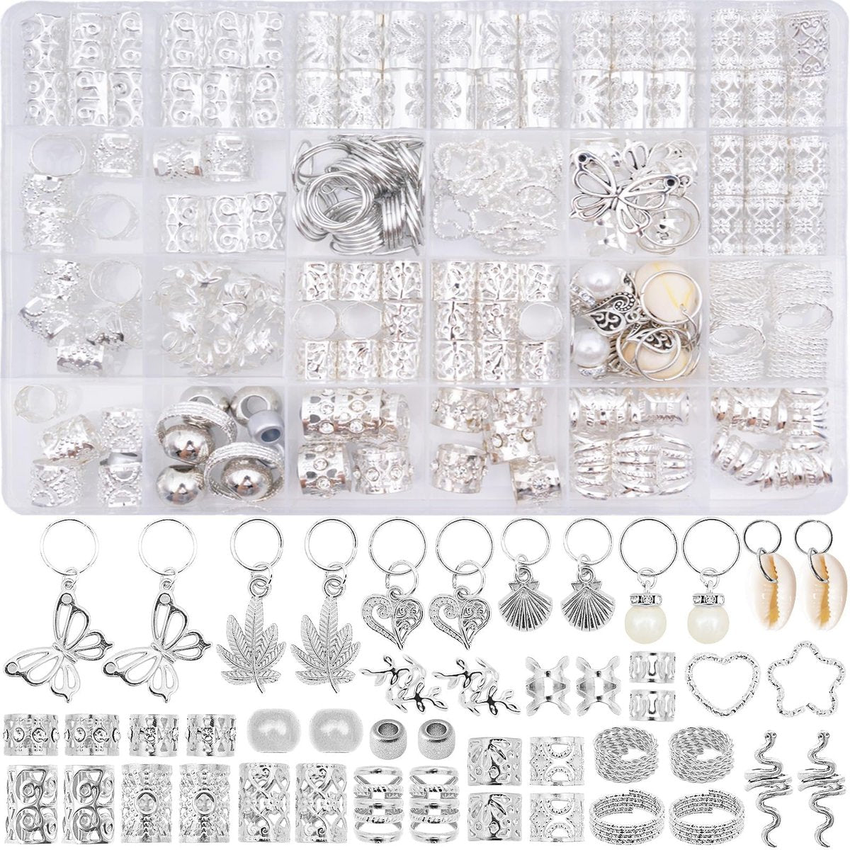 236-teiliges Set silberner Haaraccessoires: Schmuck und Charms für Zöpfe, Ringe und Manschetten – Ideal für Dreadlocks, Locs und Raves