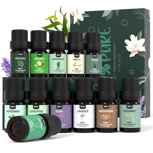 MISIJI 12-teiliges Bio-Öl-Set – Aromatherapie-Öle für Diffuser, Luftreinigung, Duftöle für Heim, Wäsche, Kerzen- & Seifenherstellung, je 5 ml