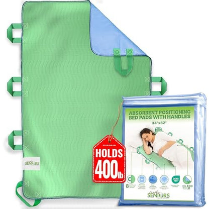 Saugfähige Positionierungs-Bettunterlagen für Senioren mit 8 Griffen 34x52 Zoll – Waschbare, wasserdichte Inkontinenz-Einlagen – Wiederverwendbare Bettmobilitätsunterlagen für ältere, behinderte und bettlägerige Patienten – Schnell trocknend