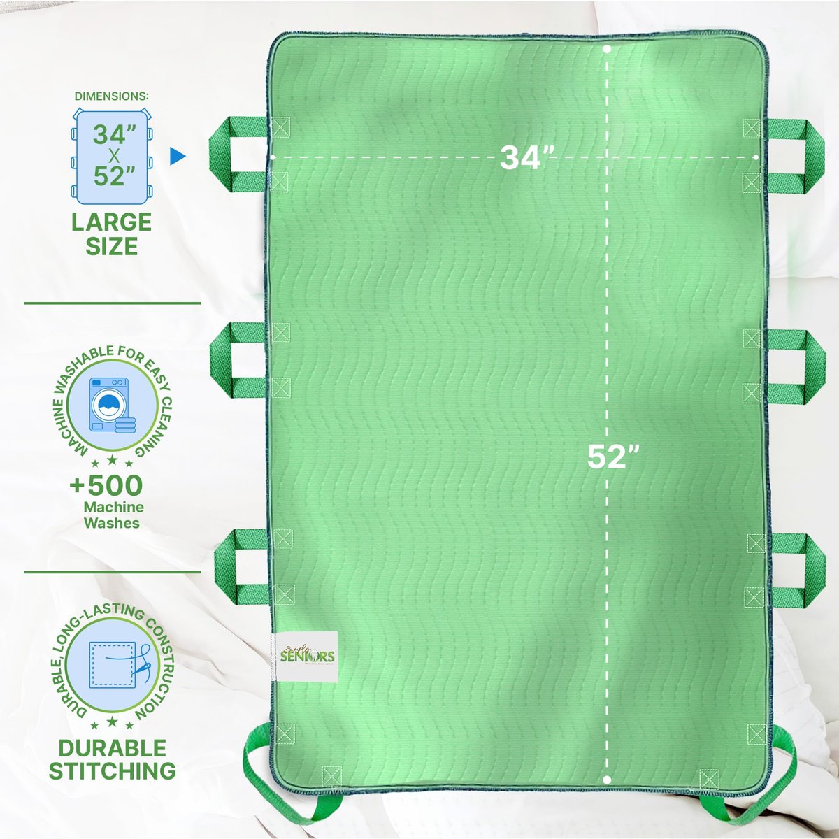 Saugfähige Positionierungs-Bettunterlagen für Senioren mit 8 Griffen 34x52 Zoll – Waschbare, wasserdichte Inkontinenz-Einlagen – Wiederverwendbare Bettmobilitätsunterlagen für ältere, behinderte und bettlägerige Patienten – Schnell trocknend