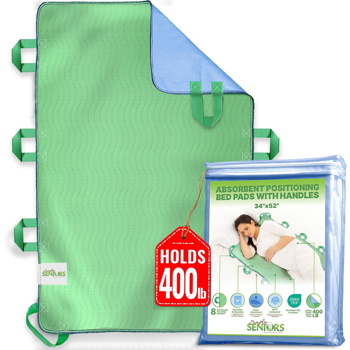 Saugfähige Positionierungs-Bettunterlagen für Senioren mit 8 Griffen 34x52 Zoll – Waschbare, wasserdichte Inkontinenz-Einlagen – Wiederverwendbare Bettmobilitätsunterlagen für ältere, behinderte und bettlägerige Patienten – Schnell trocknend