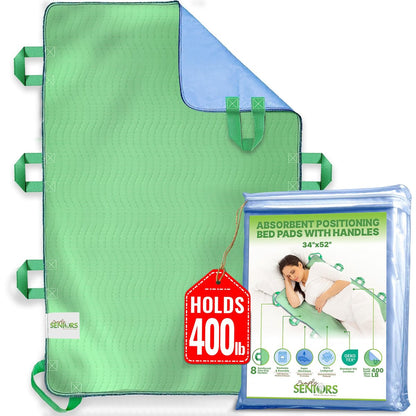 Saugfähige Positionierungs-Bettunterlagen für Senioren mit 8 Griffen 34x52 Zoll – Waschbare, wasserdichte Inkontinenz-Einlagen – Wiederverwendbare Bettmobilitätsunterlagen für ältere, behinderte und bettlägerige Patienten – Schnell trocknend