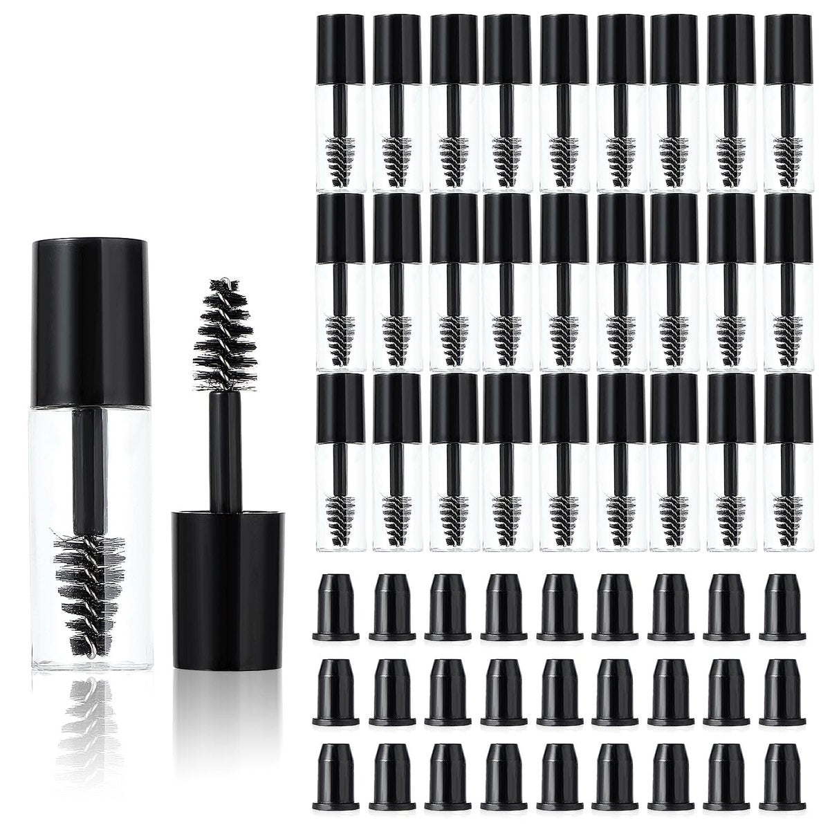 27er Set Leere Mascara-Tuben mit Bürstchen, Mini 3 ml Leere Mascara-Fläschchen mit Bürste, Gummieinsätze, kleine Probengröße, Behälter für Wimpernwachstum, für Reisen (Schwarz)