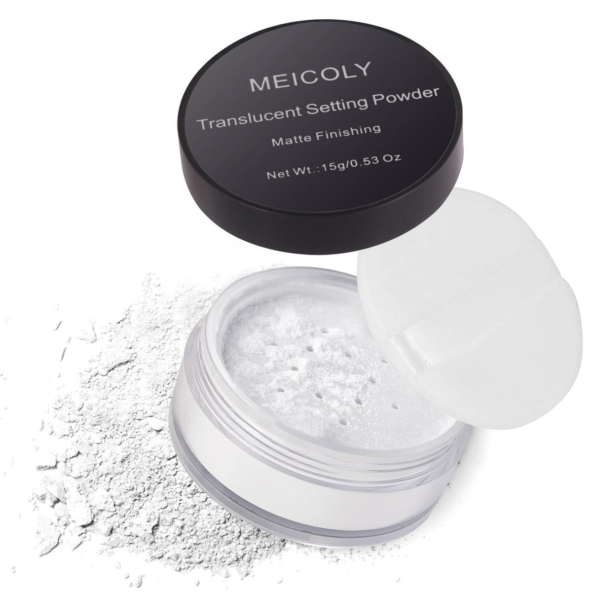 MEICOLY Talkumfreier Setting Powder mit Sieb – Langanhaltender loser Puder für mattes Finish, ölkontrollierender Gesichtspuder, weißer Farbpuder für Halloween SFX Make-up