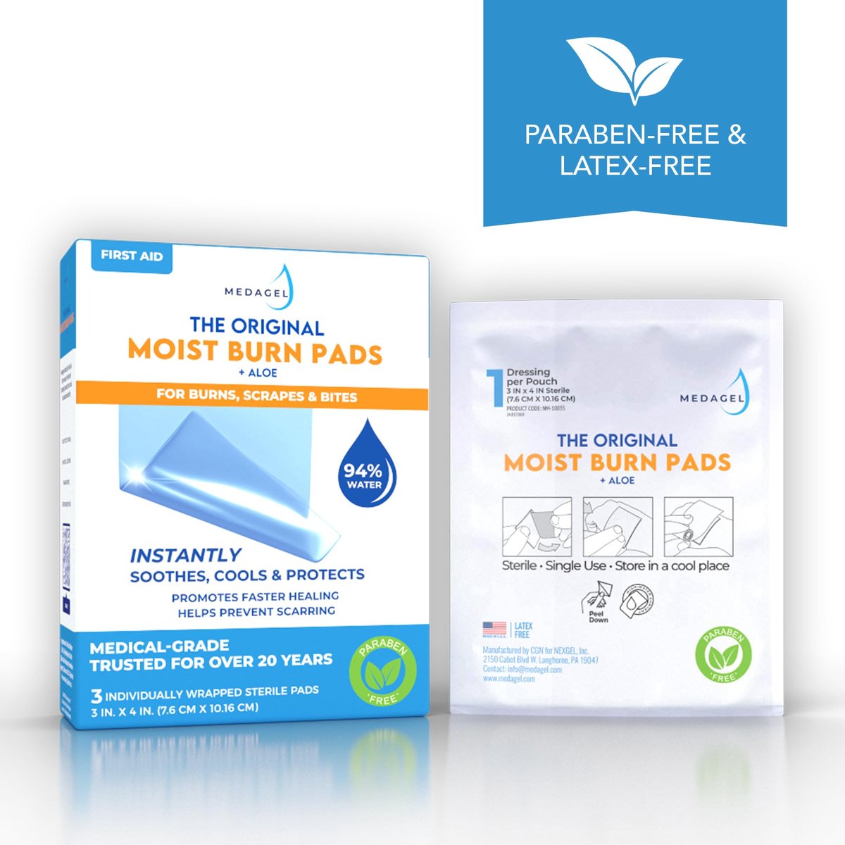 Medagel The Original Moist Burn Pad – Hydrogel-Heilpflaster, beruhigendes & feuchtigkeitsspendendes Hautpflege-Pflaster für Verbrennungen & Wunden, 3 x 4 Zoll Verband