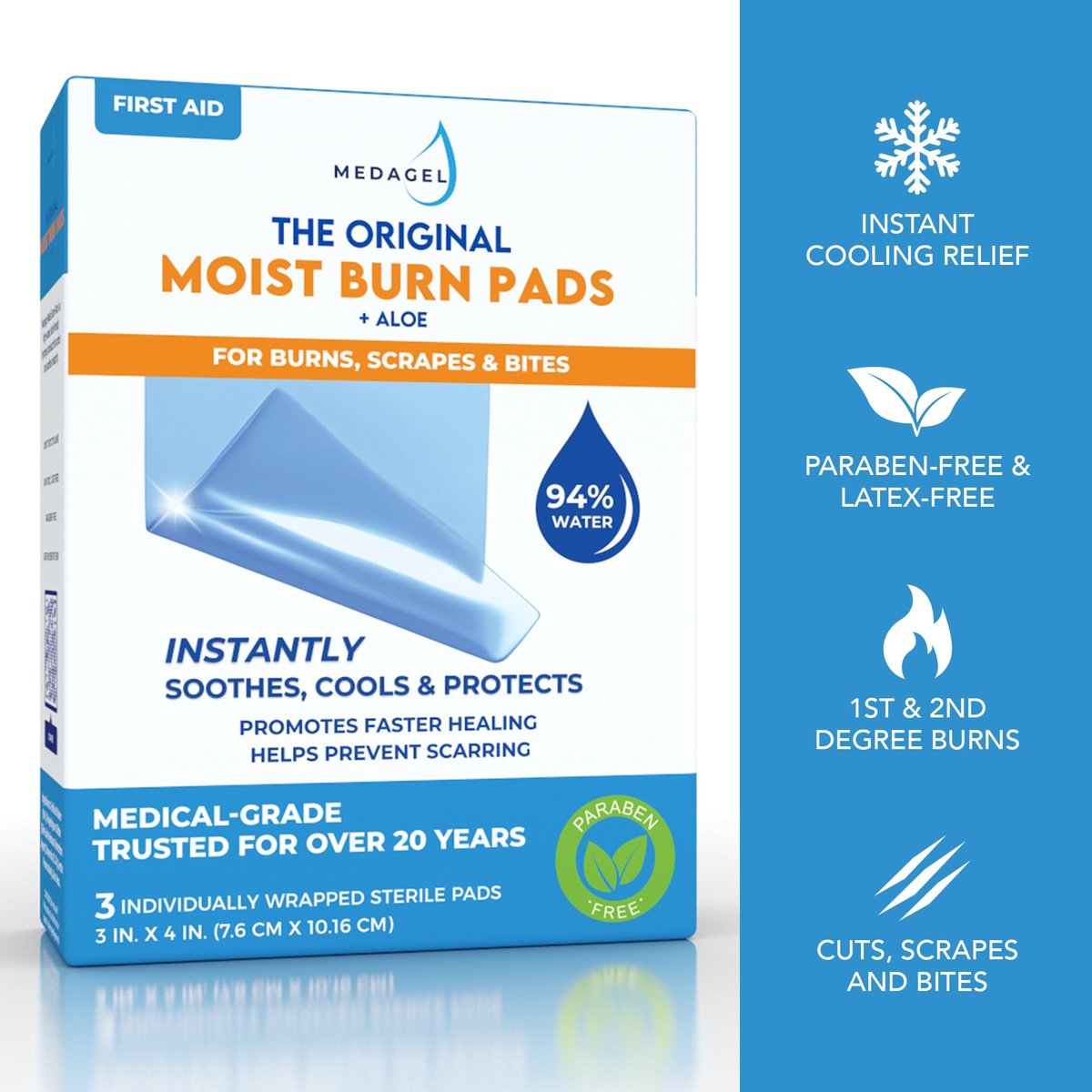 Medagel The Original Moist Burn Pad – Hydrogel-Heilpflaster, beruhigendes & feuchtigkeitsspendendes Hautpflege-Pflaster für Verbrennungen & Wunden, 3 x 4 Zoll Verband